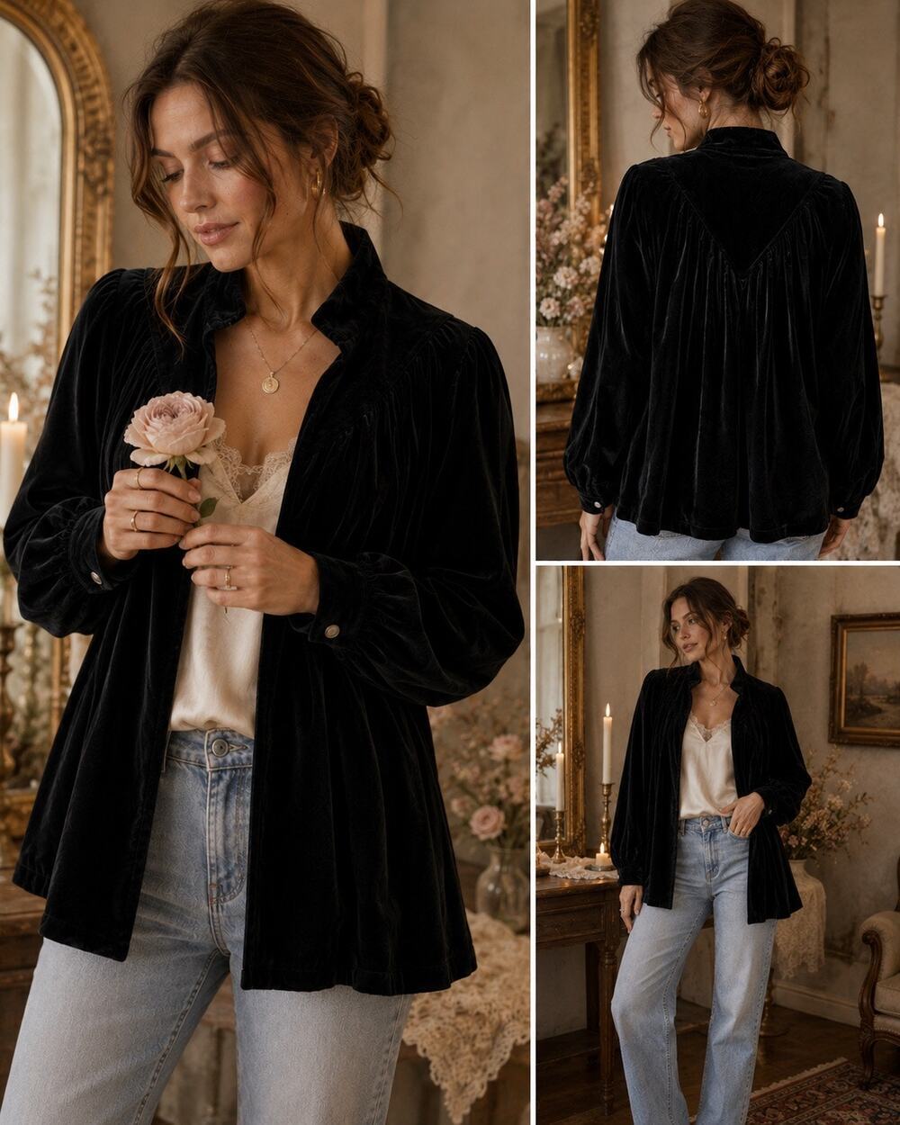 Vintage Patty Woodard Black Velvet Open Front Jacket Romantic Victorian Lined